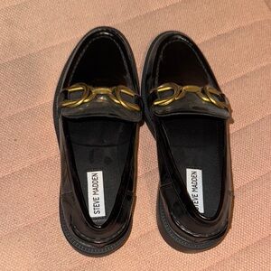 Steve Madden Glossy Black Loafers with Gold Detail